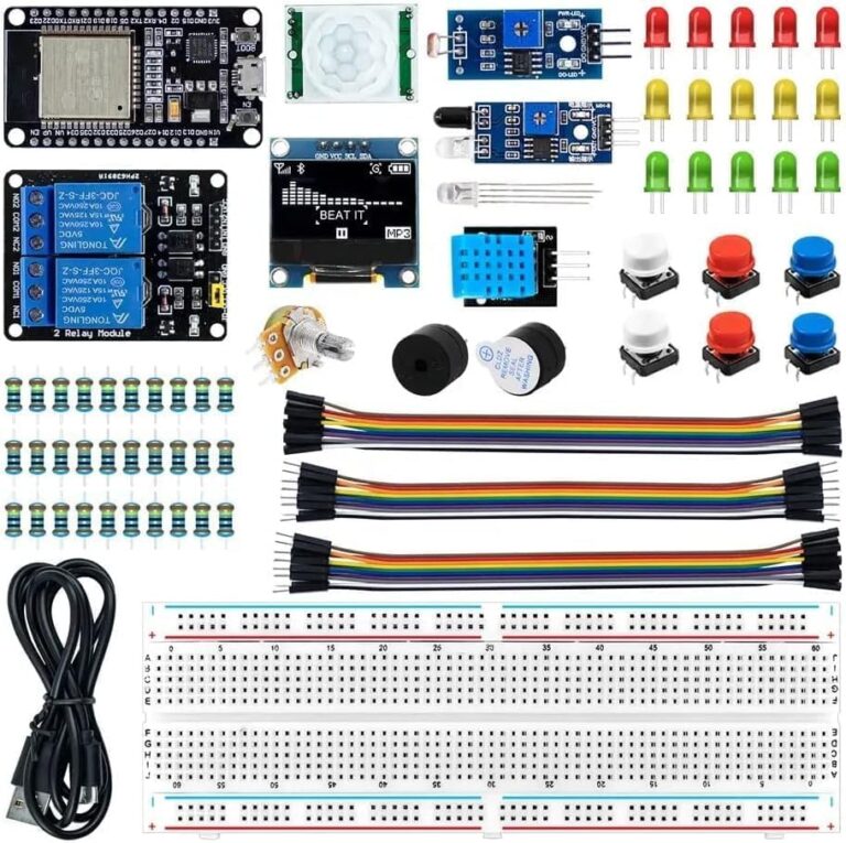 ESP32 IoT Starter Kit with OLED Sensor Relay and Breadboard Components